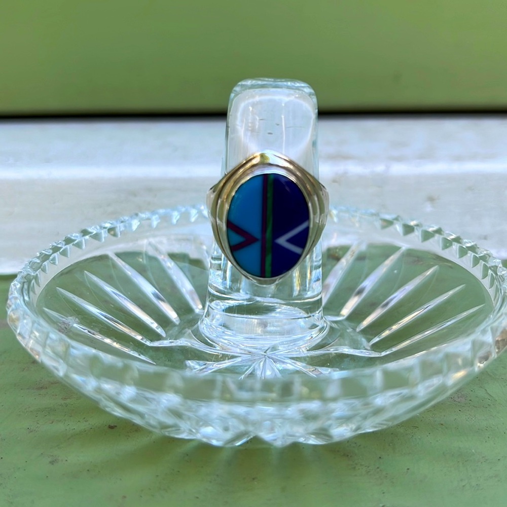 Vintage Native American Sterling Silver Geometric Mosaic Inlaid Ring